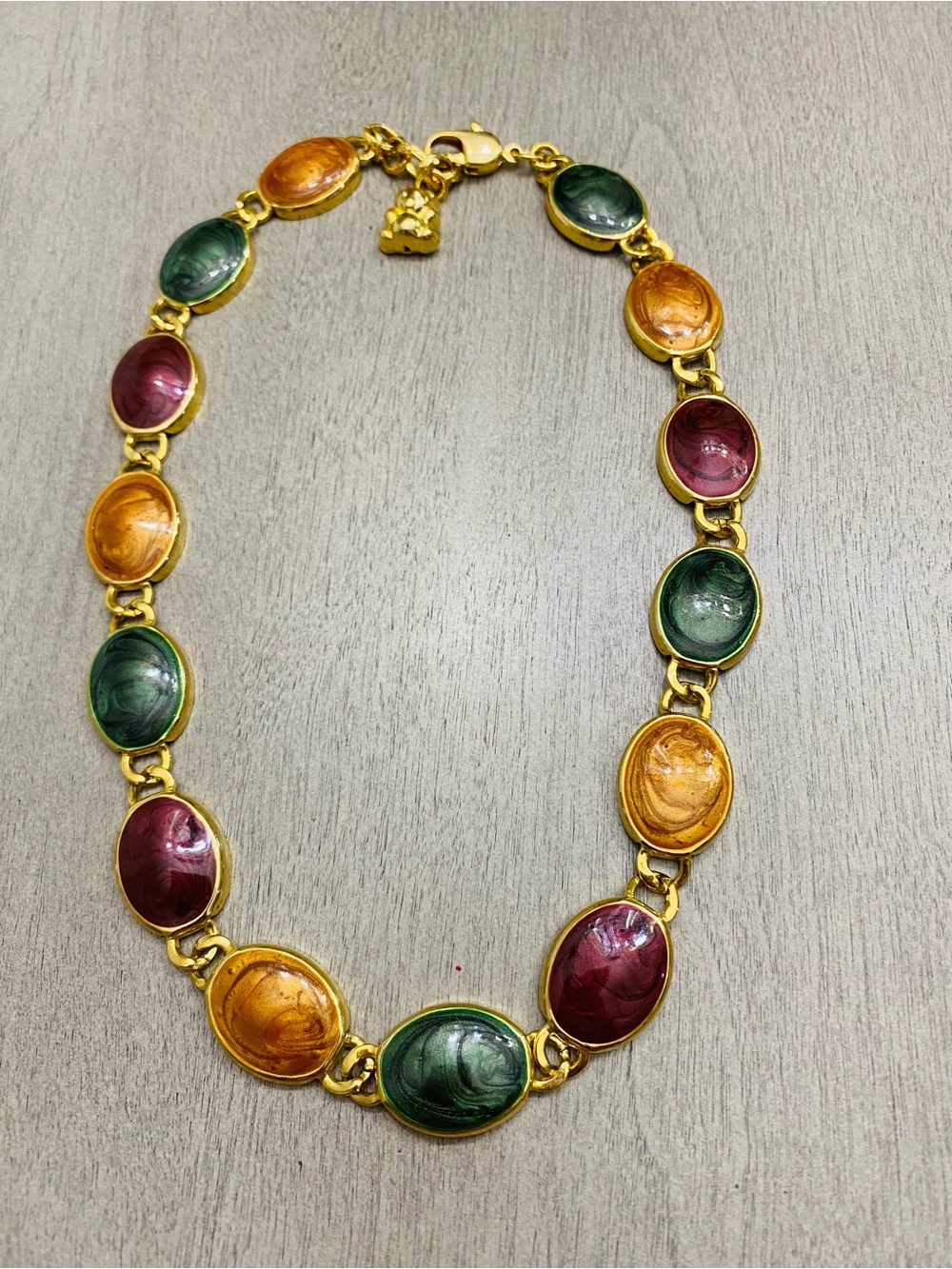 Gold-Tone Multicolor Oval Stone Necklace - Green, Amber, Burgundy